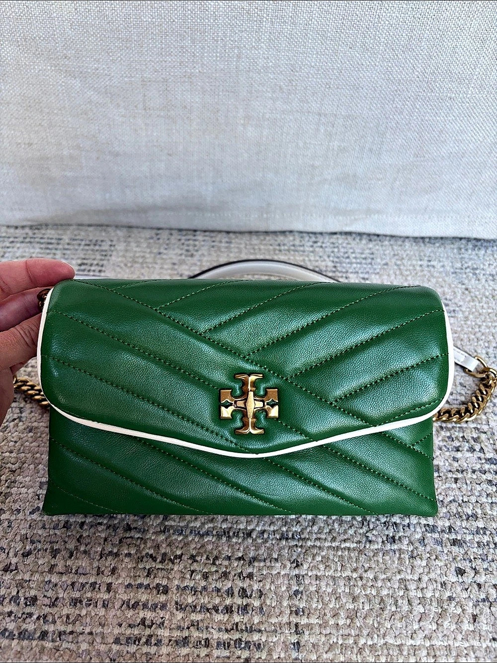 Tory Burch Kira Chevron Green & White Crossbody Chain Wallet